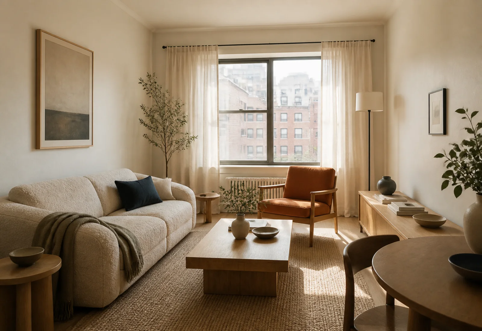 Warm contemporary living room style reference and result concept